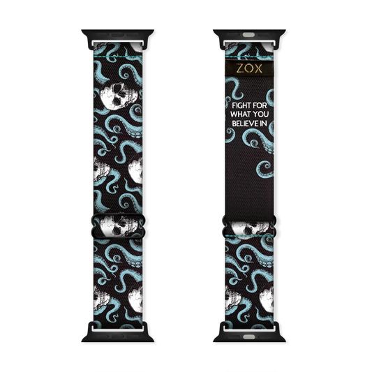 Watchband with black base and teal octopi all over. White skulls around the tentacles. Inside reads Fight For What You Believe In. Check size guide for compatible watches. 