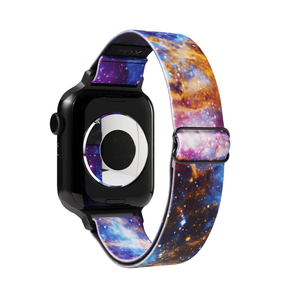 Watchband with a spacey design of purple, gold, yellow, white and blue. White stars all over. Inside reads Fighter. Check size guide for compatible watches.