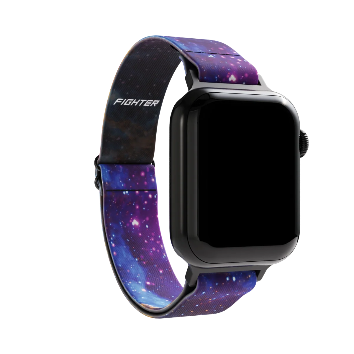 Watchband with a spacey design of purple, gold, yellow, white and blue. White stars all over. Inside reads Fighter. Check size guide for compatible watches.