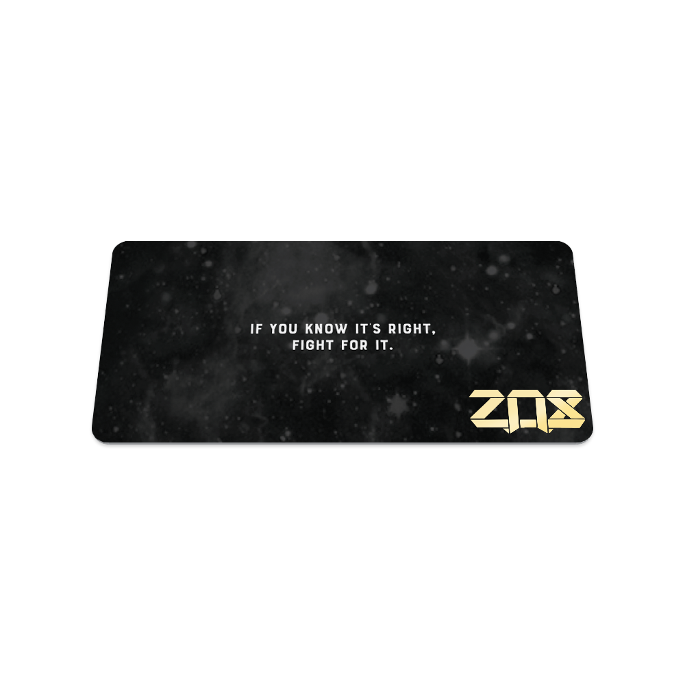 This is the back of the collector's card. It is a black and grey spacey design and in white text reads "If you know it's right, fight for it". 