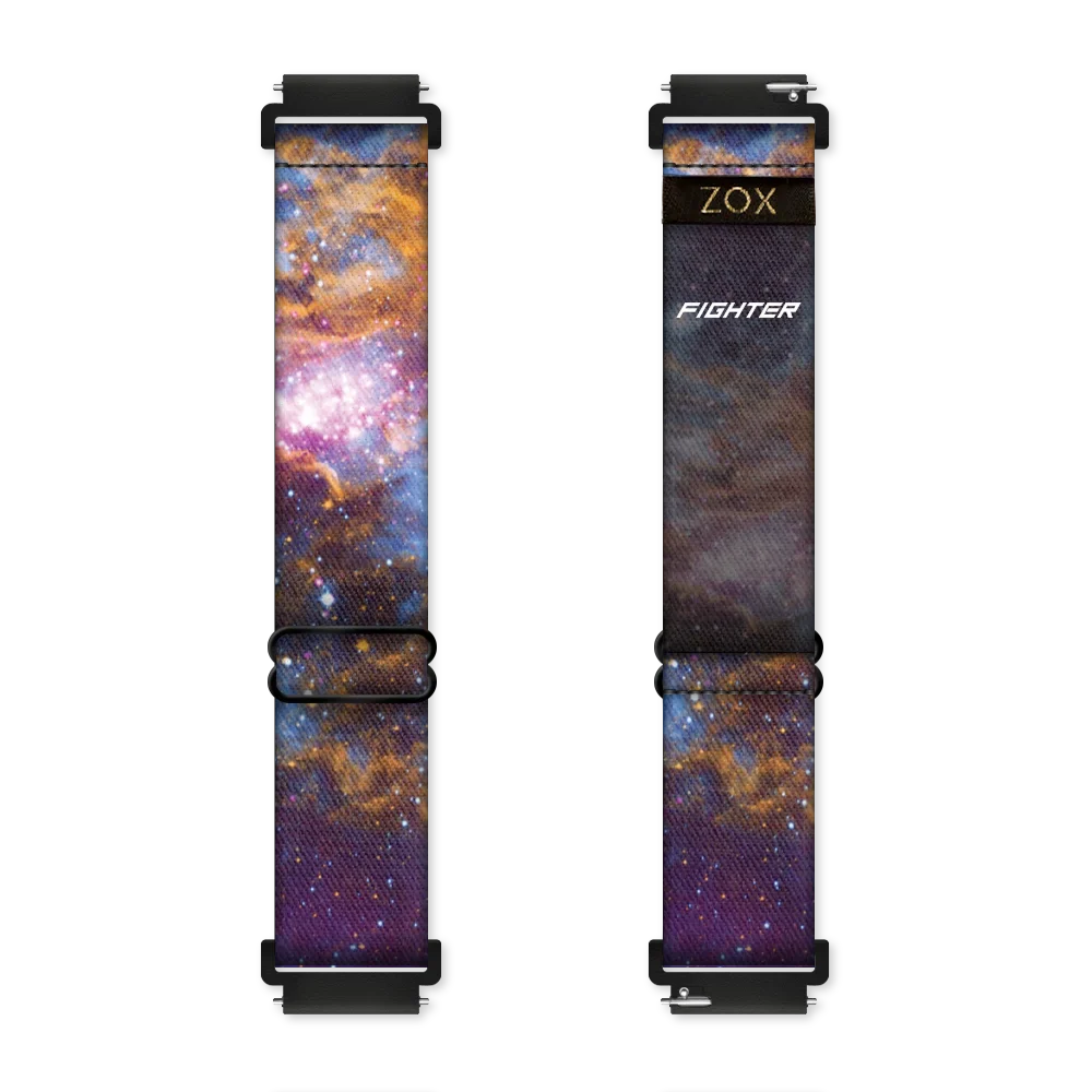 Watchband with a spacey design of purple, gold, yellow, white and blue. White stars all over. Inside reads Fighter. Check size guide for compatible watches.