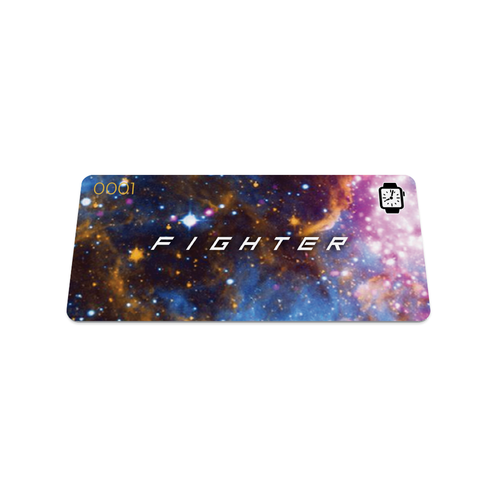 This is the front of the collector's card which is a spacey design in blue, orange, purple and black with white stars all over. It reads "fighter" in white text. 