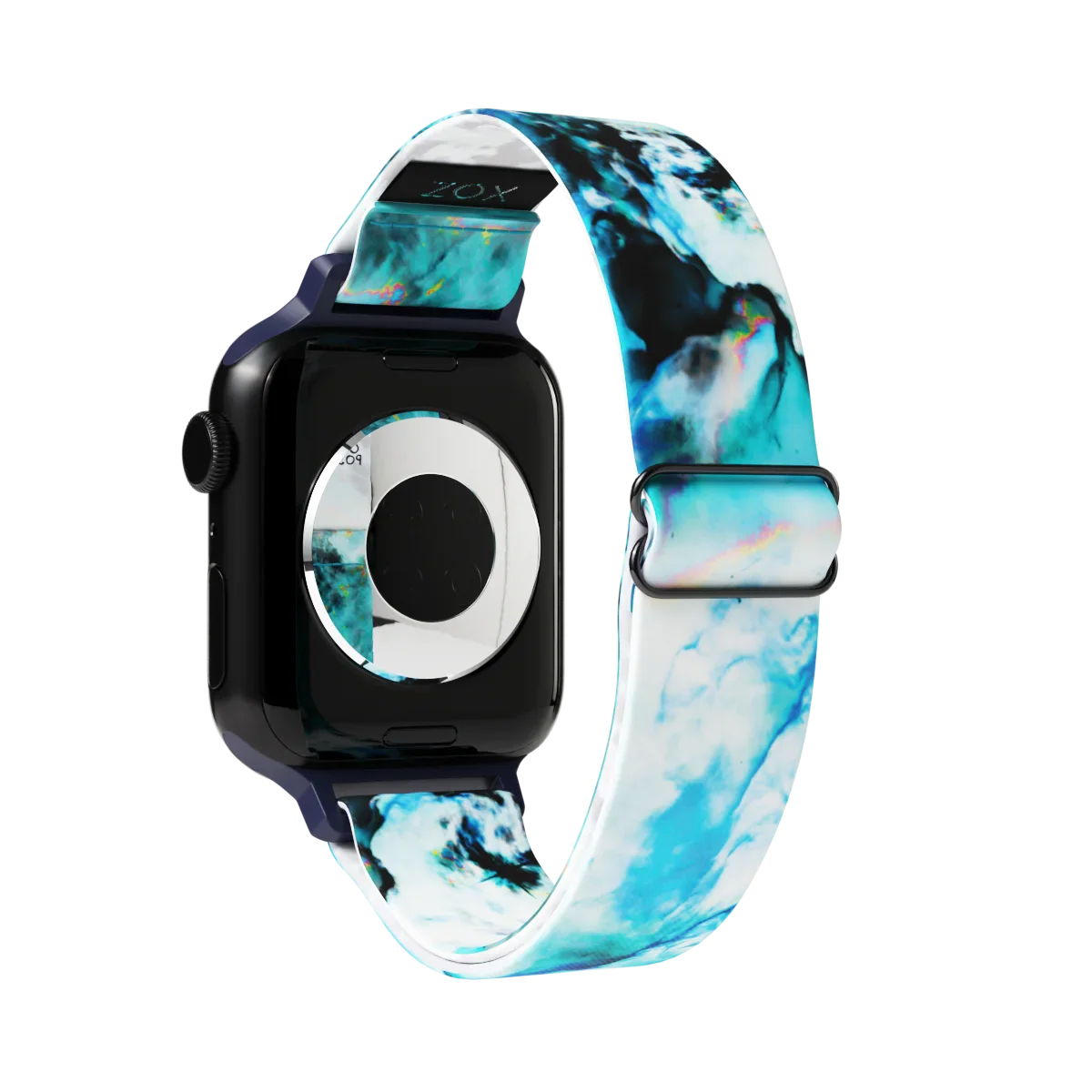Watchband with a blue, teal, black and white marble design. Inside reads Focus On The Positive. Check size guide for compatible watches.