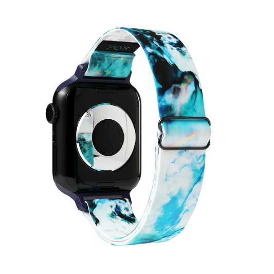Watchband with a blue, teal, black and white marble design. Inside reads Focus On The Positive. Check size guide for compatible watches.