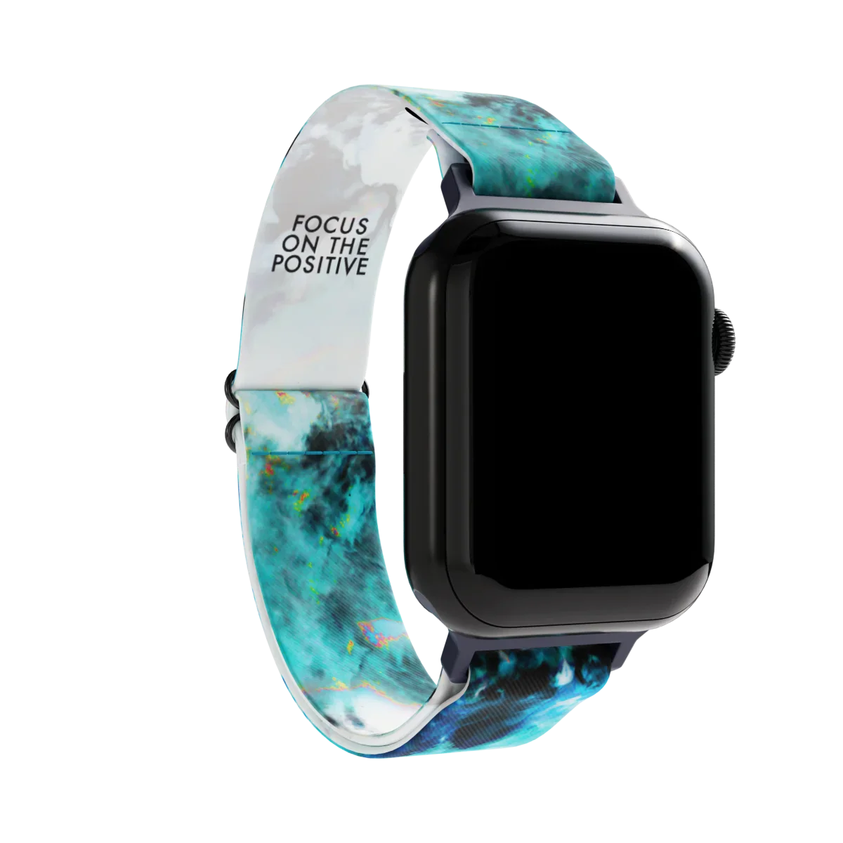 Watchband with a blue, teal, black and white marble design. Inside reads Focus On The Positive. Check size guide for compatible watches.
