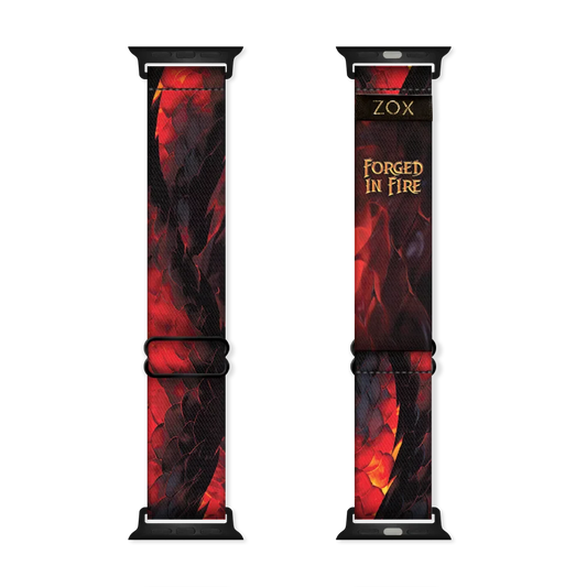Watchband with a dragon tail. Colors are black and variations of red. Inside reads Forged In Fire. Check size guide for compatible watches.
