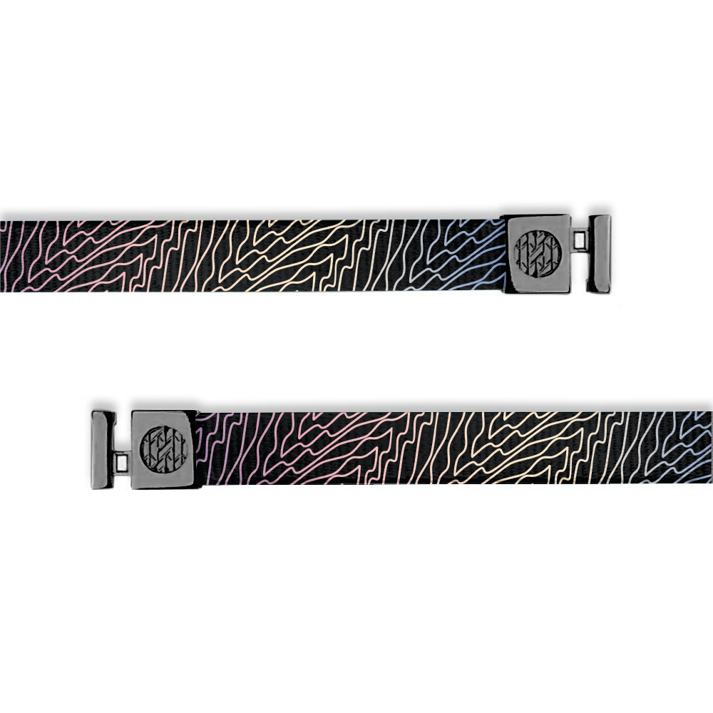 Flat hoodie string. Design is a black base with multicolored fine lines along the entire string. Inside reads "Forgiven" and aglets are black.