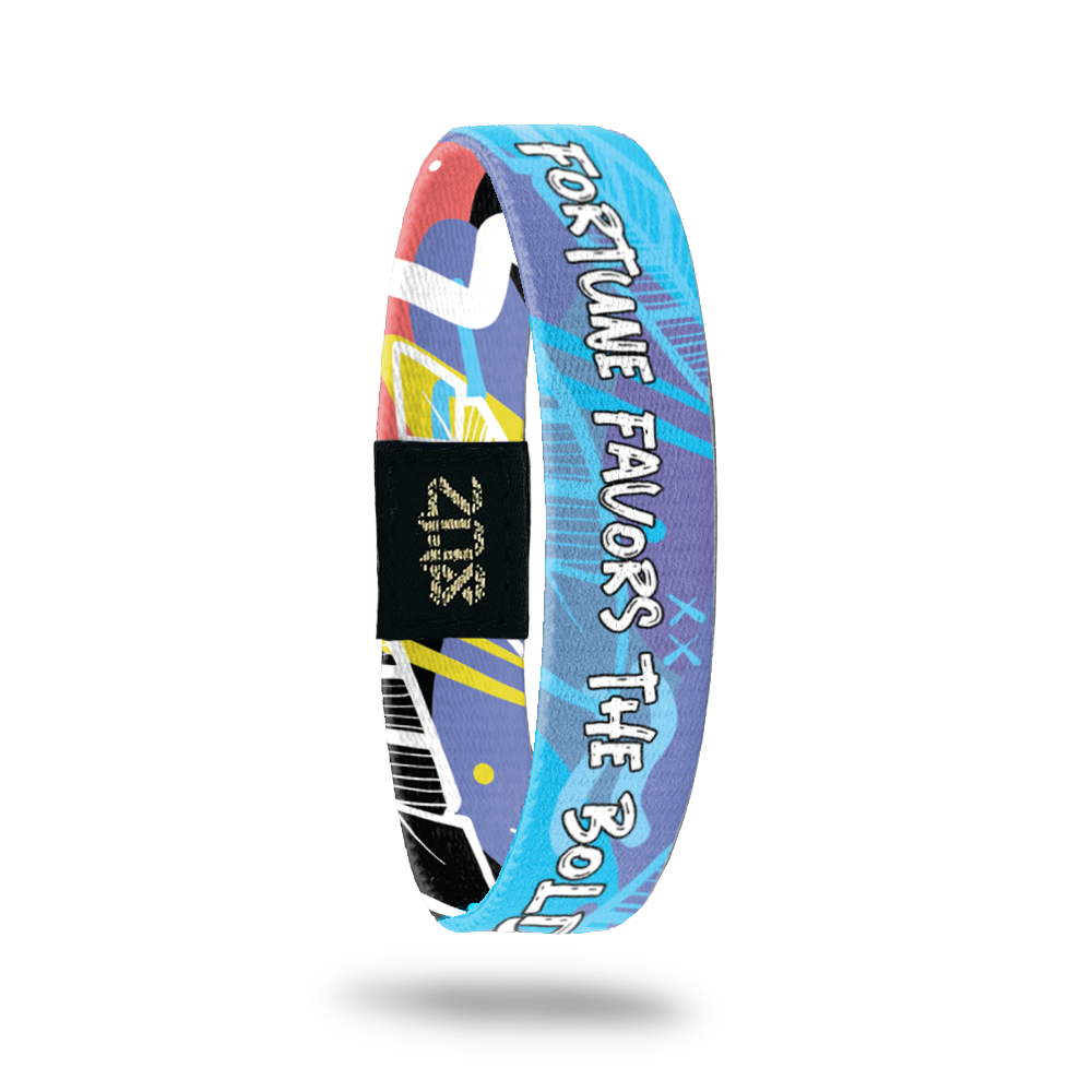 Product photo of inside design with bold white text fortune favors the bold with hand drawn abstract art