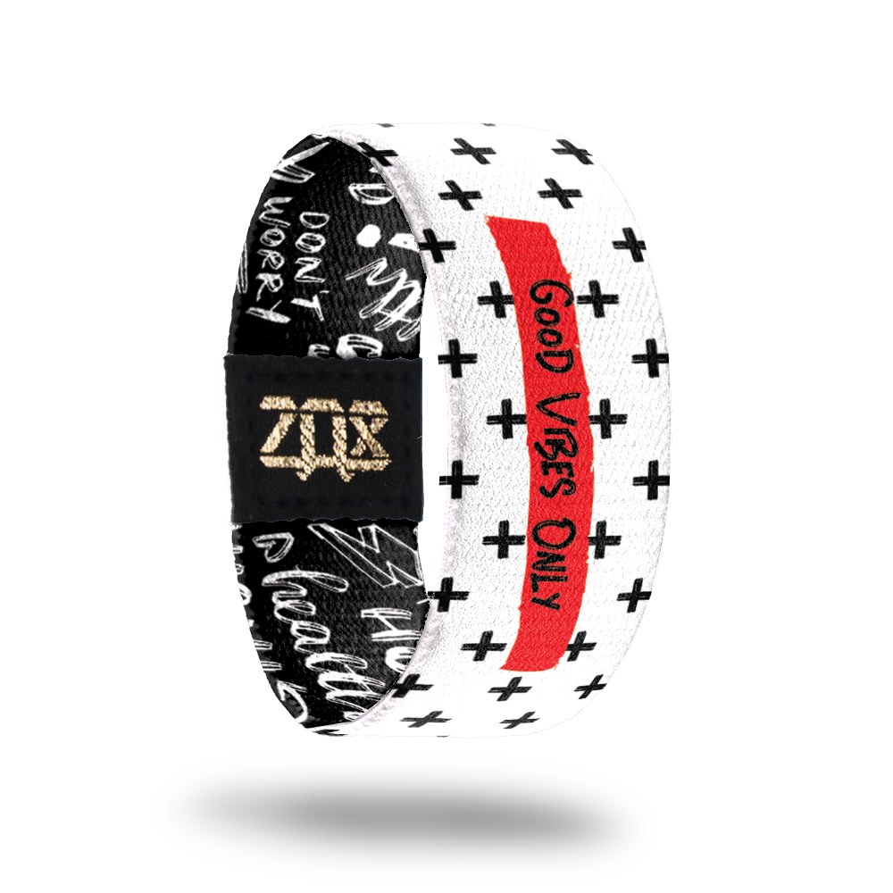 Inside design of Good Vibes Only. White background with plus sign patten in black. Red box at center with Good Vibes Only in black text on the inside