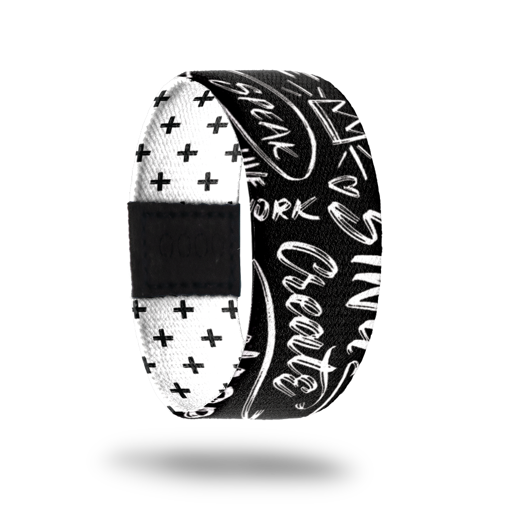 Outside design of Good Vibes Only. Black background with white text with positive affirmations and symbols