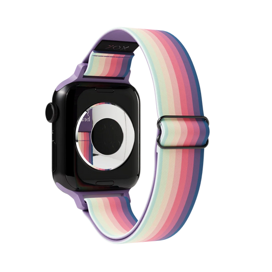 Watchband with a muted rainbow from one end to the other. Inside reads Guard Your Heart. Check size guide for compatible watches.