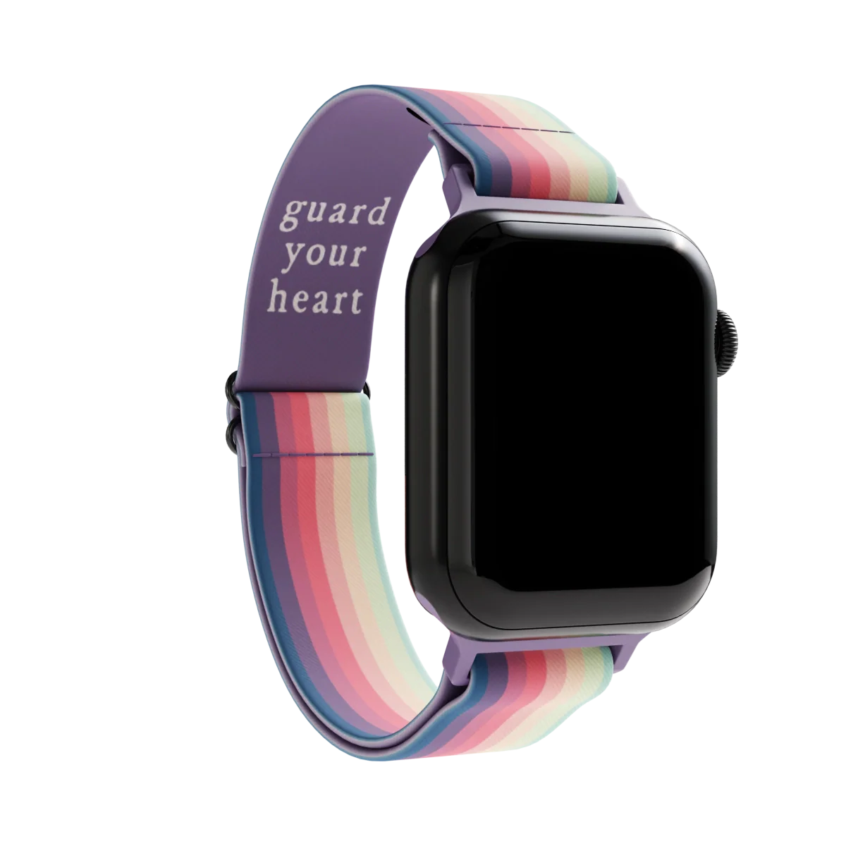 Watchband with a muted rainbow from one end to the other. Inside reads Guard Your Heart. Check size guide for compatible watches.
