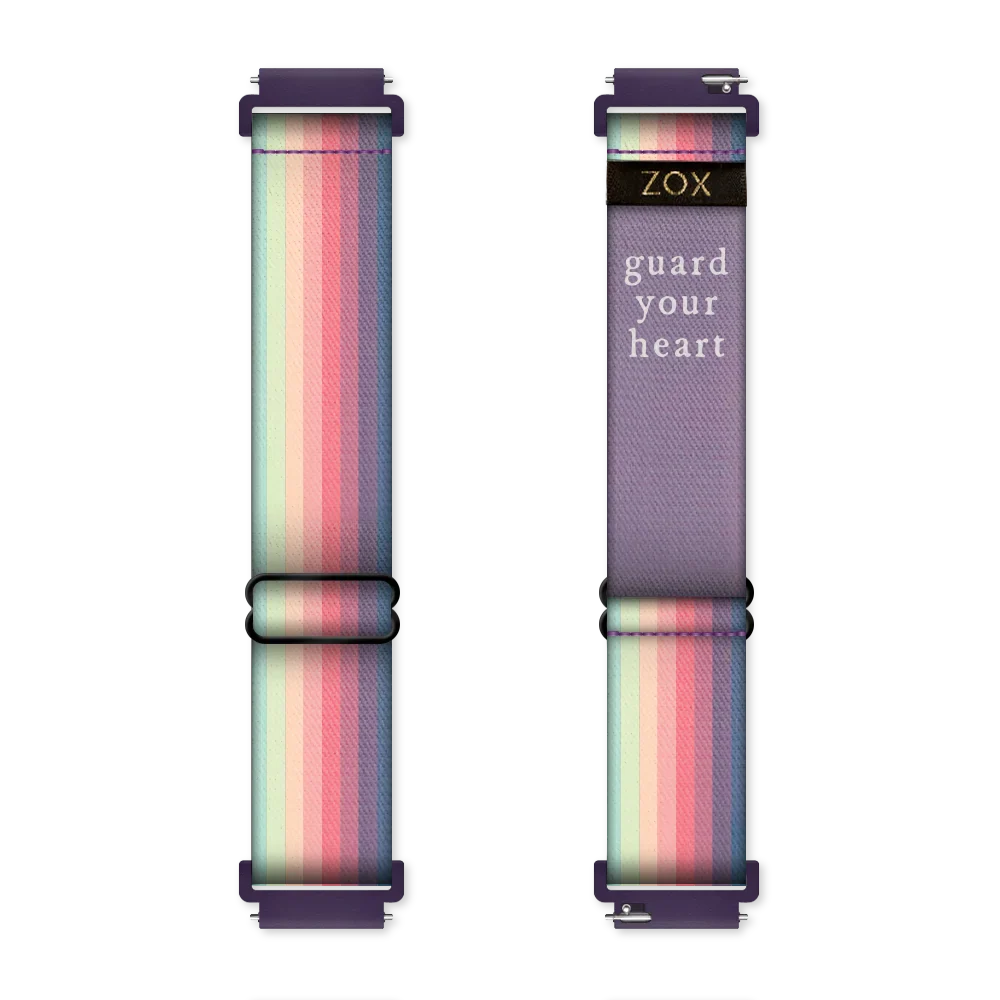Watchband with a muted rainbow from one end to the other. Inside reads Guard Your Heart. Check size guide for compatible watches.