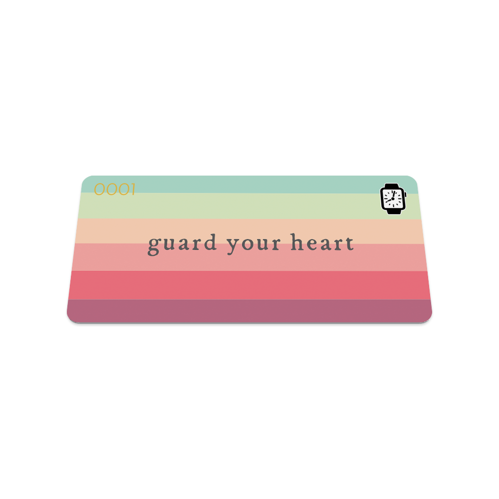 This is the front of the collector's card. The design is green, red, orange horizontal stripes and ready "guard your heart" in grey text. 