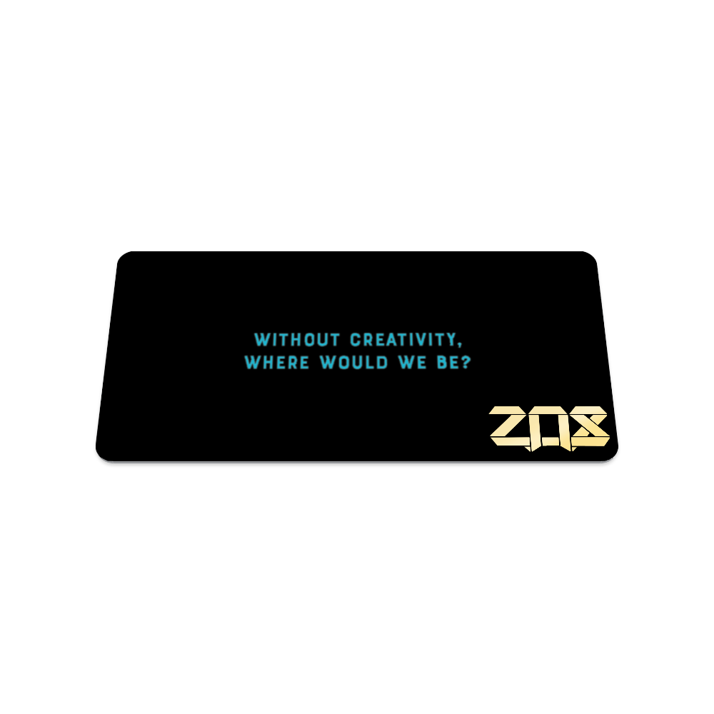 Back of the collector's card is black and in teal font says "Without creativity, where would we be?"
