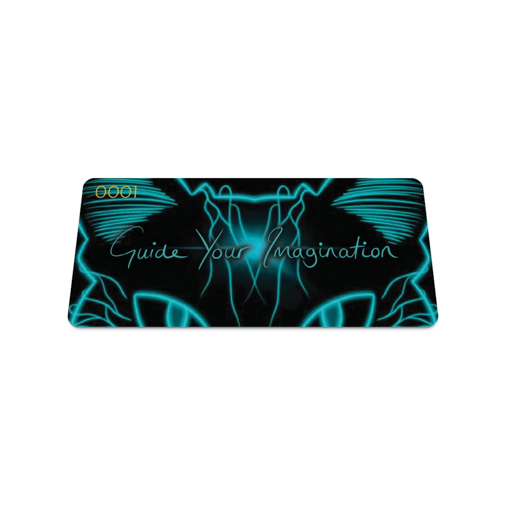 Collector's card is black with the glowing teal outline of the fox and glowing eyes. It says Guide Your Imagination in glowing teal font.