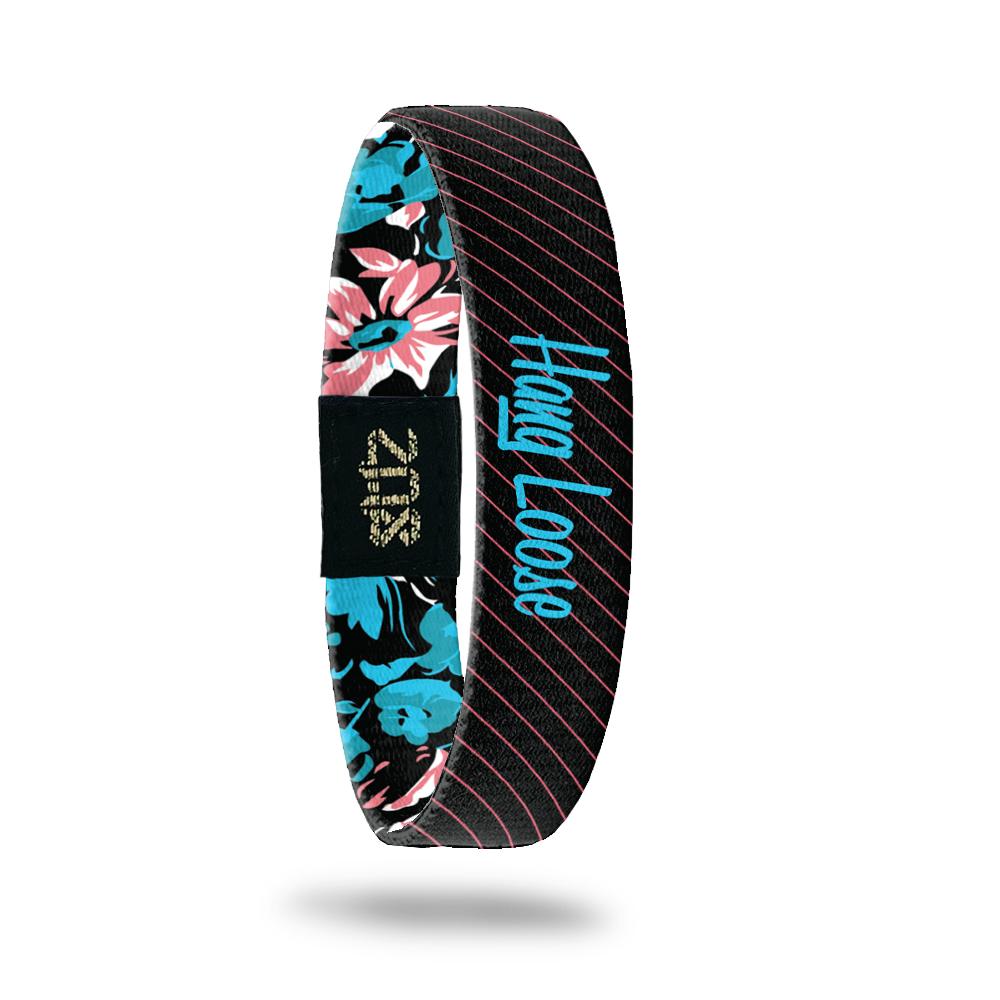 Product photo of inside design of hang loose with italic text hang loose with grey and black striped background