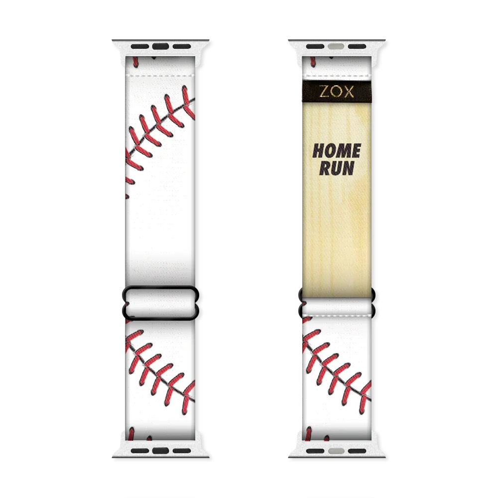 Watchband with an all white base and red baseball stitching along the sides. The underside is the same and says Home Run. Check size guide for compatible watches. 