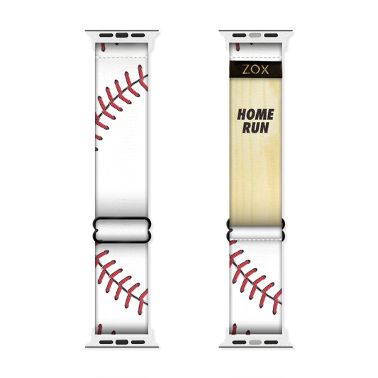 Watchband with an all white base and red baseball stitching along the sides. The underside is the same and says Home Run. Check size guide for compatible watches. 