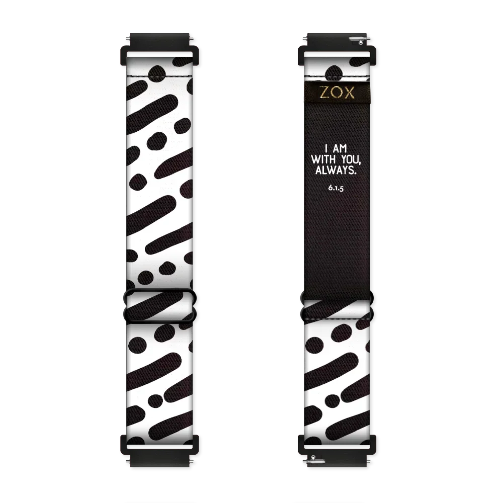Watchband is black and white lines and dots in a diagonal pattern. The inside is the same and reads I Am With You Always with the Bible verse 6.1.5. Check size guide for compatible watches.
