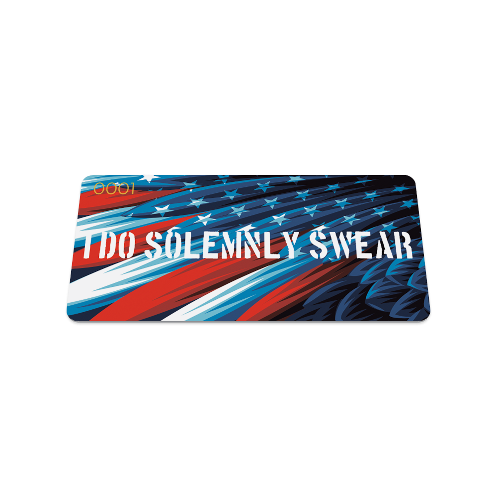 Front collector's card image of I Do Solemnly Swear: colorful illustration of bald eagle with the colors and pattern of the United States flag on it's wing with 'I Do Solemnly Swear' in bold white text