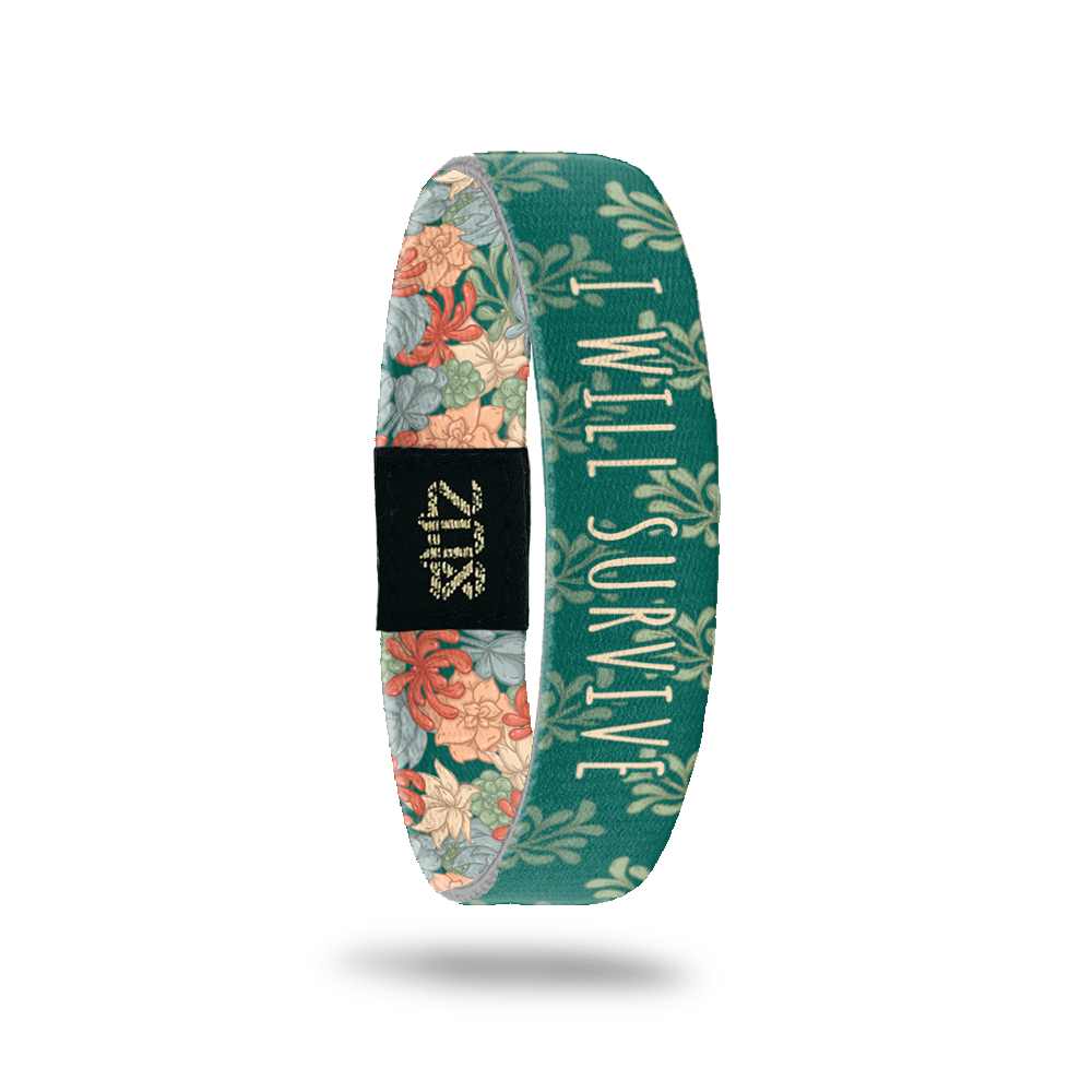 Inside Design of I Will Survive: dark green background with light green leaves and tan text ‘I Will Survive’