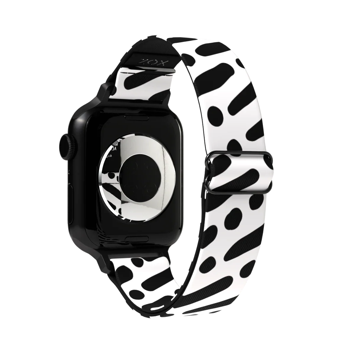 Watchband is black and white lines and dots in a diagonal pattern. The inside is the same and reads I Am With You Always with the Bible verse 6.1.5. Check size guide for compatible watches.