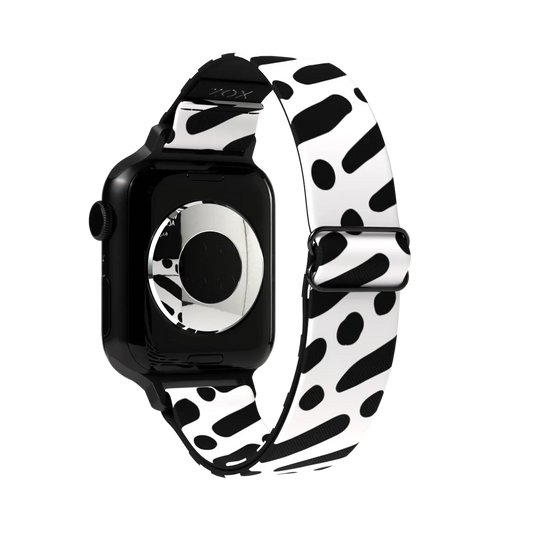 Watchband is black and white lines and dots in a diagonal pattern. The inside is the same and reads I Am With You Always with the Bible verse 6.1.5. Check size guide for compatible watches.