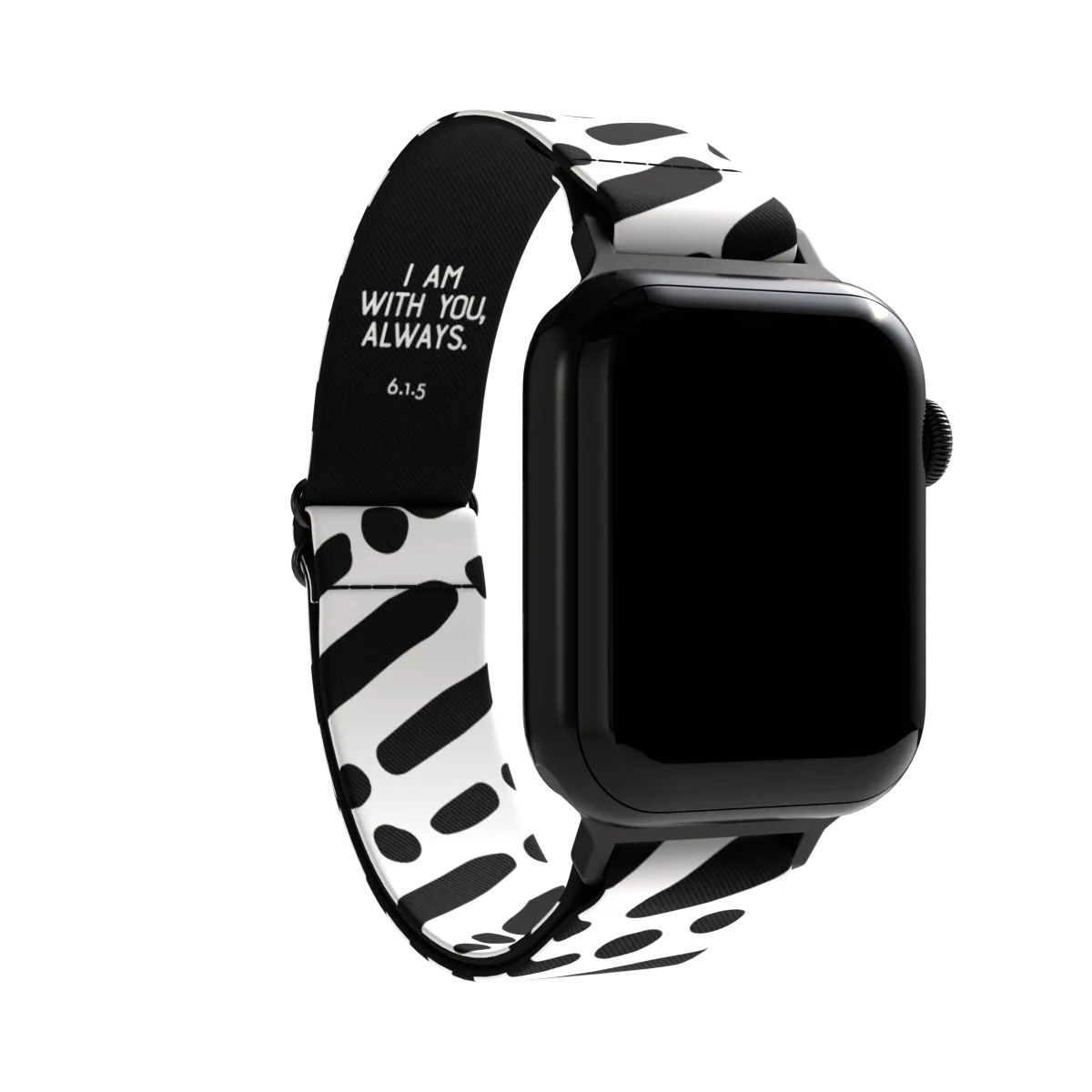Watchband is black and white lines and dots in a diagonal pattern. The inside is the same and reads I Am With You Always with the Bible verse 6.1.5. Check size guide for compatible watches.