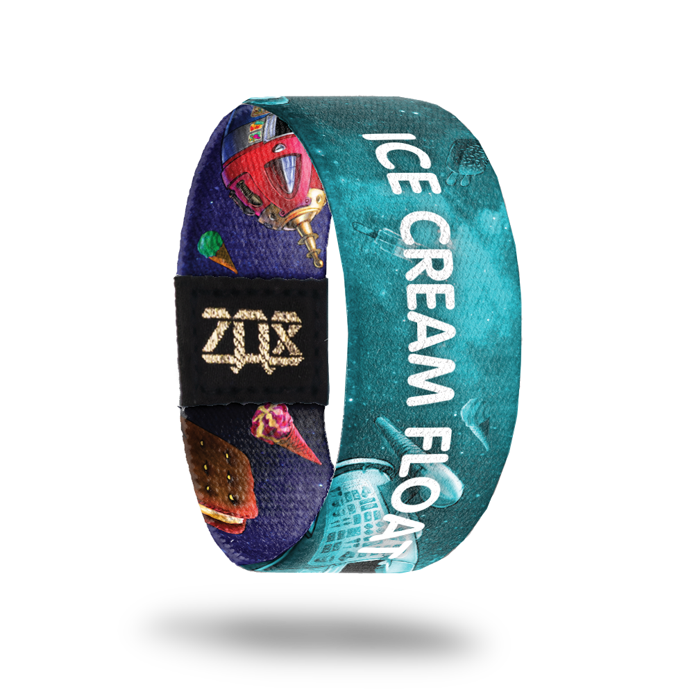 Inside Design of Ice Cream Float: teal night sky with a floating variety of ice cream with white text overlaying ‘Ice Cream Float’