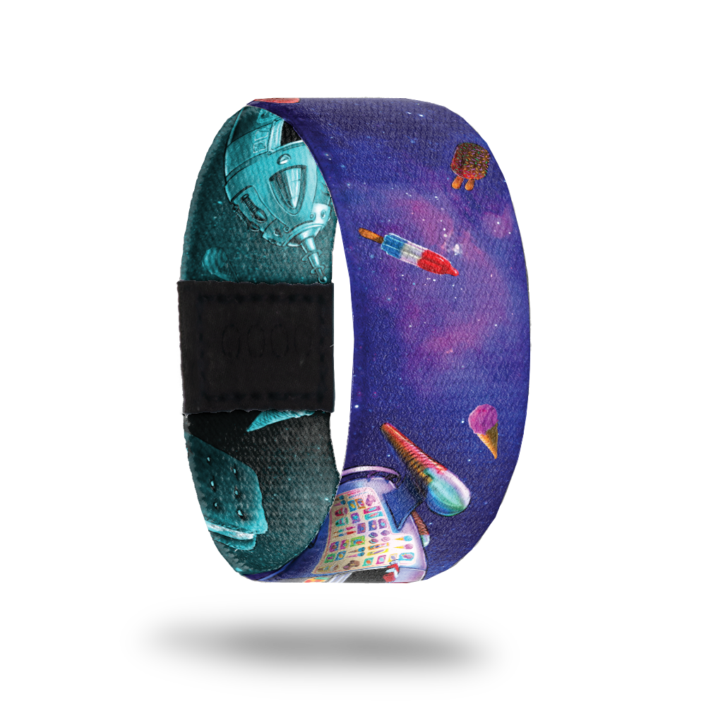 Outside Design of Ice Cream Float: purple night sky with a floating variety of colorful ice cream