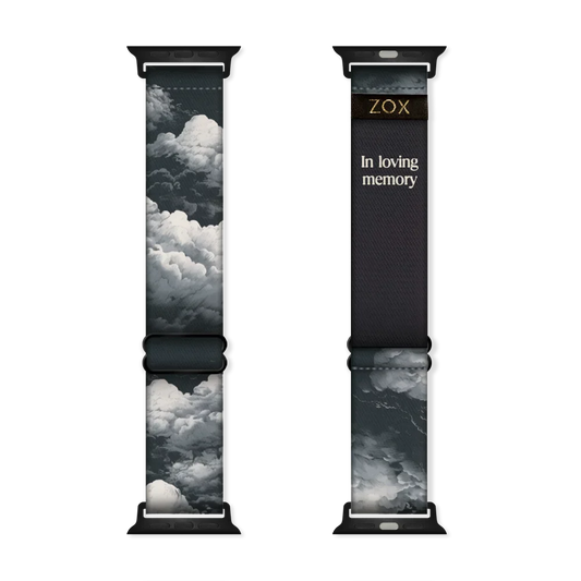 Watchband with grey and white clouds all over. The same design inside and reads In Loving Memory. Check the size guide for compatible watches. 