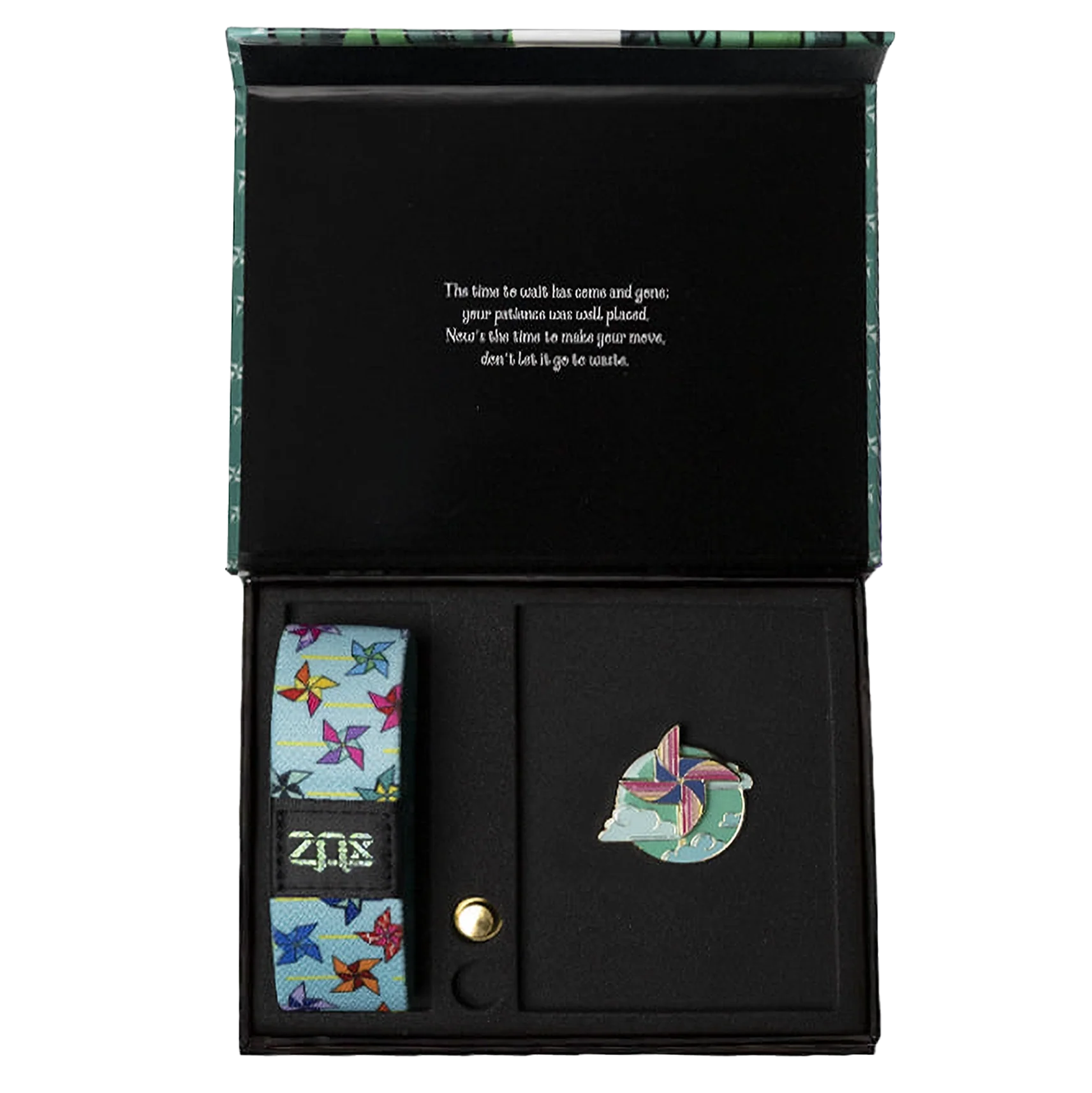 Outside is light blue with multicolored pinwheels all over. Comes with a matching collector's box and lapel pin. 