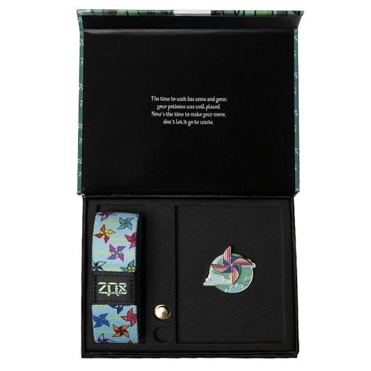 Outside is light blue with multicolored pinwheels all over. Comes with a matching collector's box and lapel pin. 