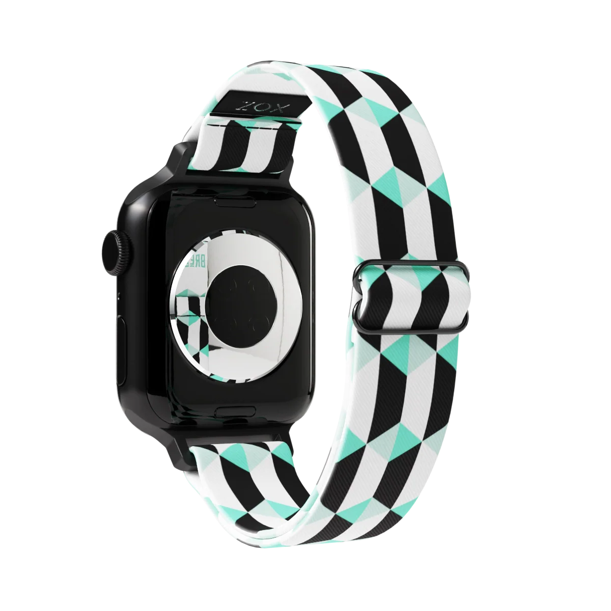 Black, white and mint colored parallelograms all over the design. Inside is the same and says Just Breathe. Check size guide for compatible watches.