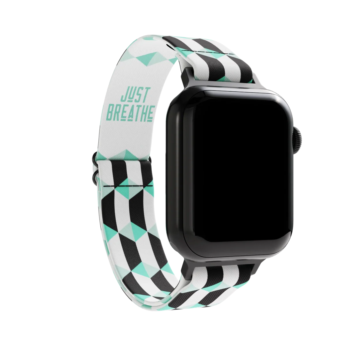 Black, white and mint colored parallelograms all over the design. Inside is the same and says Just Breathe. Check size guide for compatible watches.