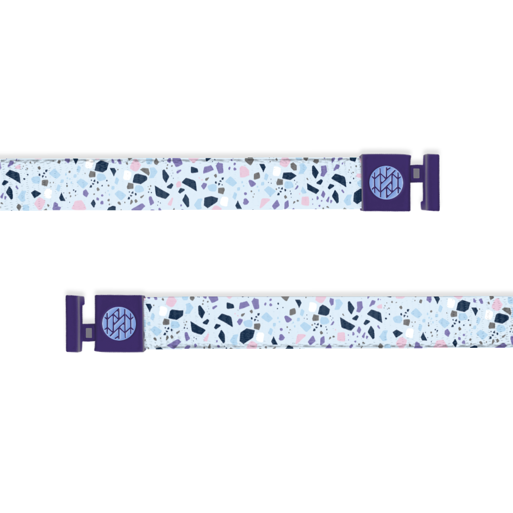 Hoodie string is pale blue with black, purple, pink and blue speckles all over. 