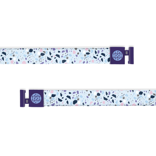Hoodie string is pale blue with black, purple, pink and blue speckles all over. 