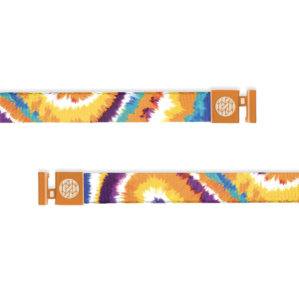 Hood string with a tie-die design in colors of blue, yellow, orange, white and purple. 
