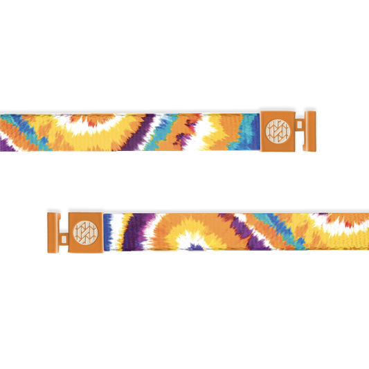 Hood string with a tie-die design in colors of blue, yellow, orange, white and purple. 