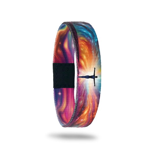Wristband single is a multicolored gradient that resembles sun rays or a nebula design. In the center of the rays is the sillhouette of a human with arms outstretched and glowing. The inside is the same and reads Leap Of Faith. 