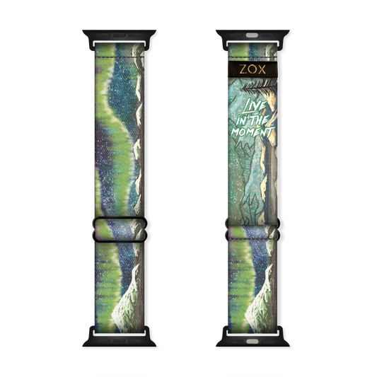 Watchband with a green and blue design of the NOrther Lights. Inside is the same and reads Live In The Moment. Check the size guide for applicable watches. 