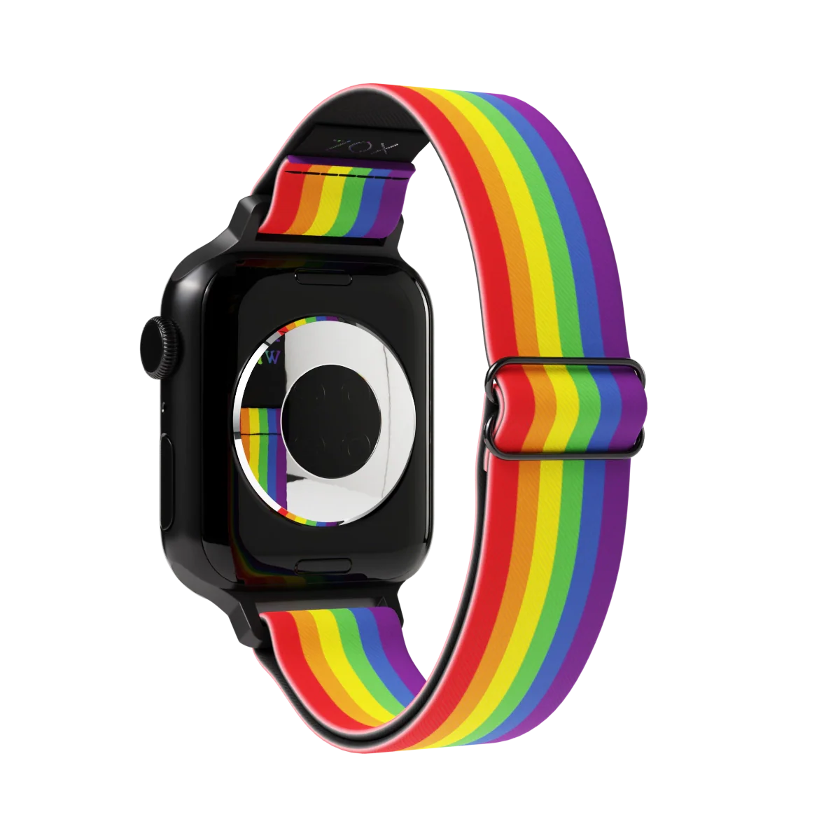 Watchband with a brightly colored rainbow. The inside is the same and reads Love Wins. Check the size guide for compatible watches.
