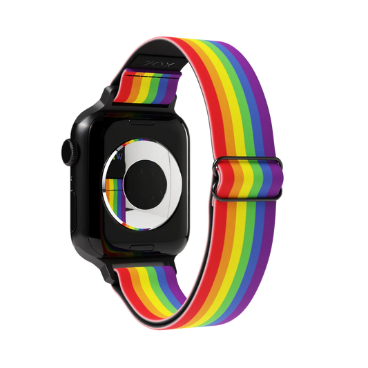 Watchband with a brightly colored rainbow. The inside is the same and reads Love Wins. Check the size guide for compatible watches.