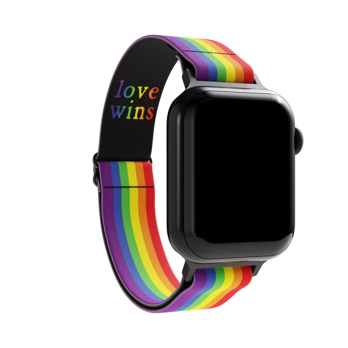 Watchband with a brightly colored rainbow. The inside is the same and reads Love Wins. Check the size guide for compatible watches.