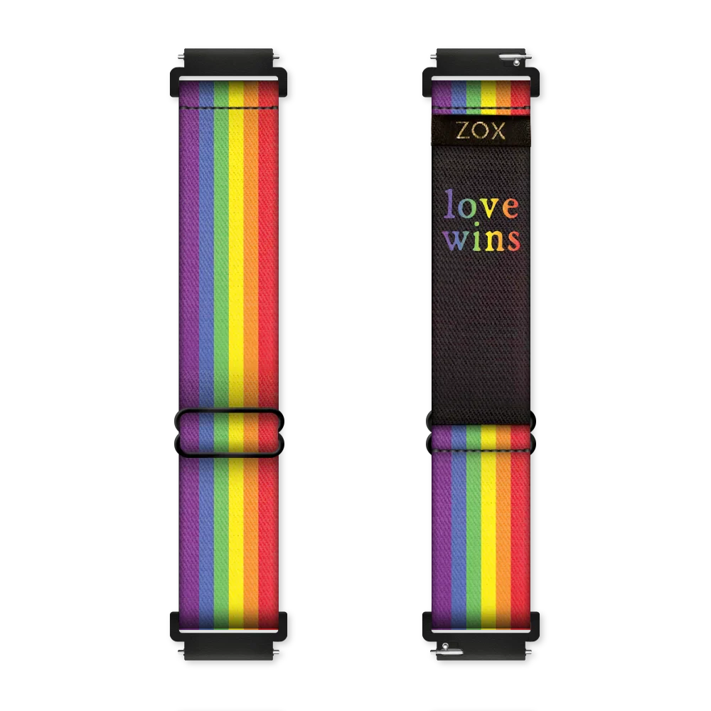 Watchband with a brightly colored rainbow. The inside is the same and reads Love Wins. Check the size guide for compatible watches.