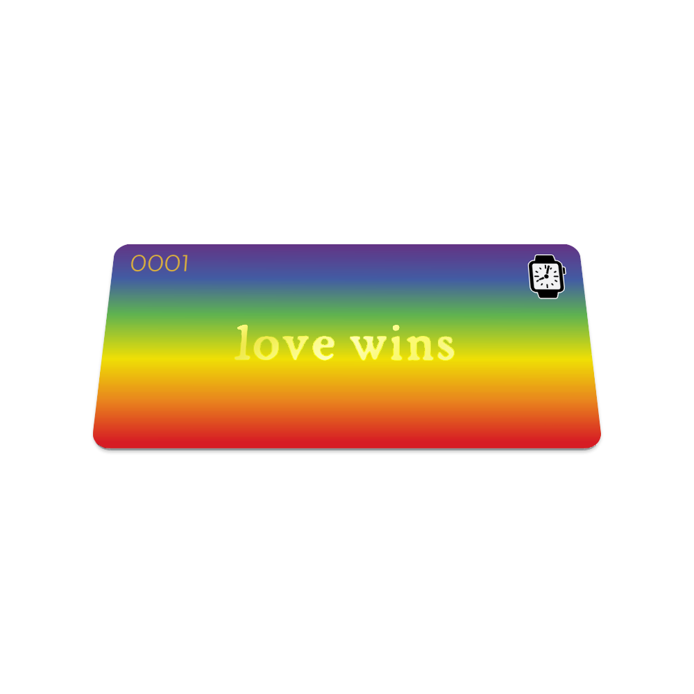 Front of collector's card. Design is rainbow gradient and says Love Wins in white text.
