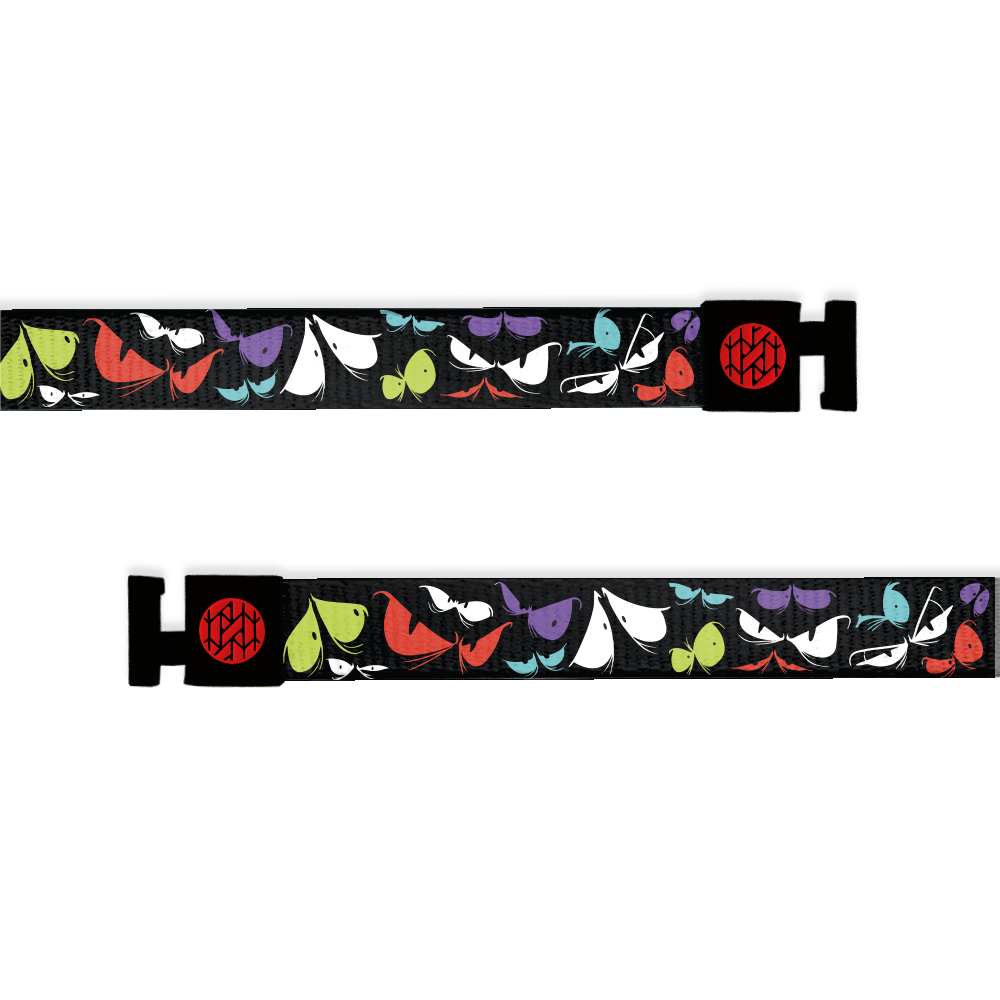 Hoodie string is black with creepy eyes all over in colors of purple, white, red, teal and lime green. Has black aglets. 