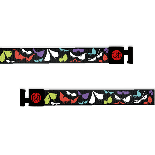 Hoodie string is black with creepy eyes all over in colors of purple, white, red, teal and lime green. Has black aglets. 
