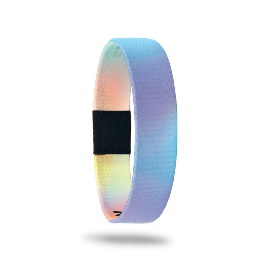 Wristband single with a blue and purple gradient plain design on the outside. The inside is orange and yellow gradient and says Make Some Memories. 